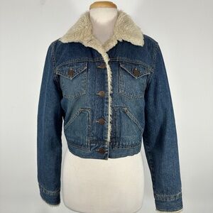 VTG Aeropostale 90's Women Junior Large Faux Fur Trim Blue Denim Trucker Jacket